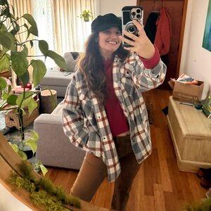 White Gray and Tan Plaid Flannel Snap Up Shacket 🌿